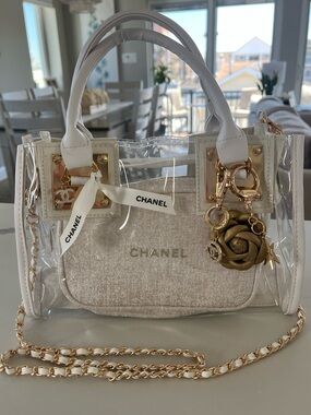 Custom Upcycled Chanel Beauté Clear Bag w Authentic Charms, Ribbon & Makeup Bag